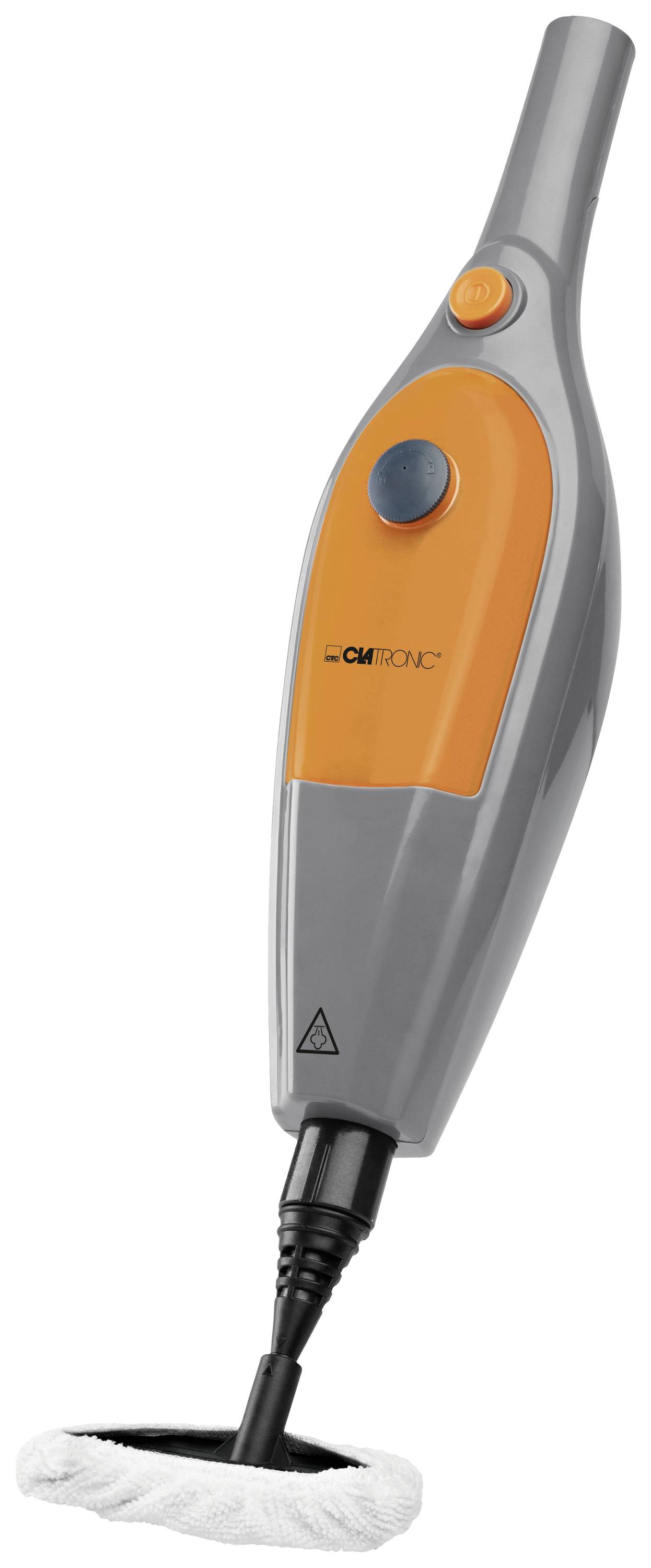 Ein tragbarer Dampfreiniger aus Kunststoff mit grauem und orangefarbenem Gehäuse, schmalem Griff und einem abgewinkelten Reinigungsaufsatz.