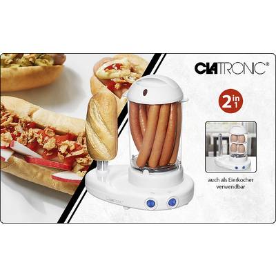 'Clatronic 2-in-1 Gerät': Kombi aus Würstchen- und Eierkocher. Abgebildet sind Würstchen und Hot Dogs. Geeignet für vielseitigen Einsatz in der Küche.