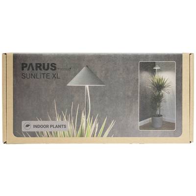 Kartonschachtel mit der Aufschrift 'PARUS Sunlite XL'. Abbildung eines modernen Lampenschirms über einer Zimmerpflanze. Markiert für Zimmerpflanzen.
