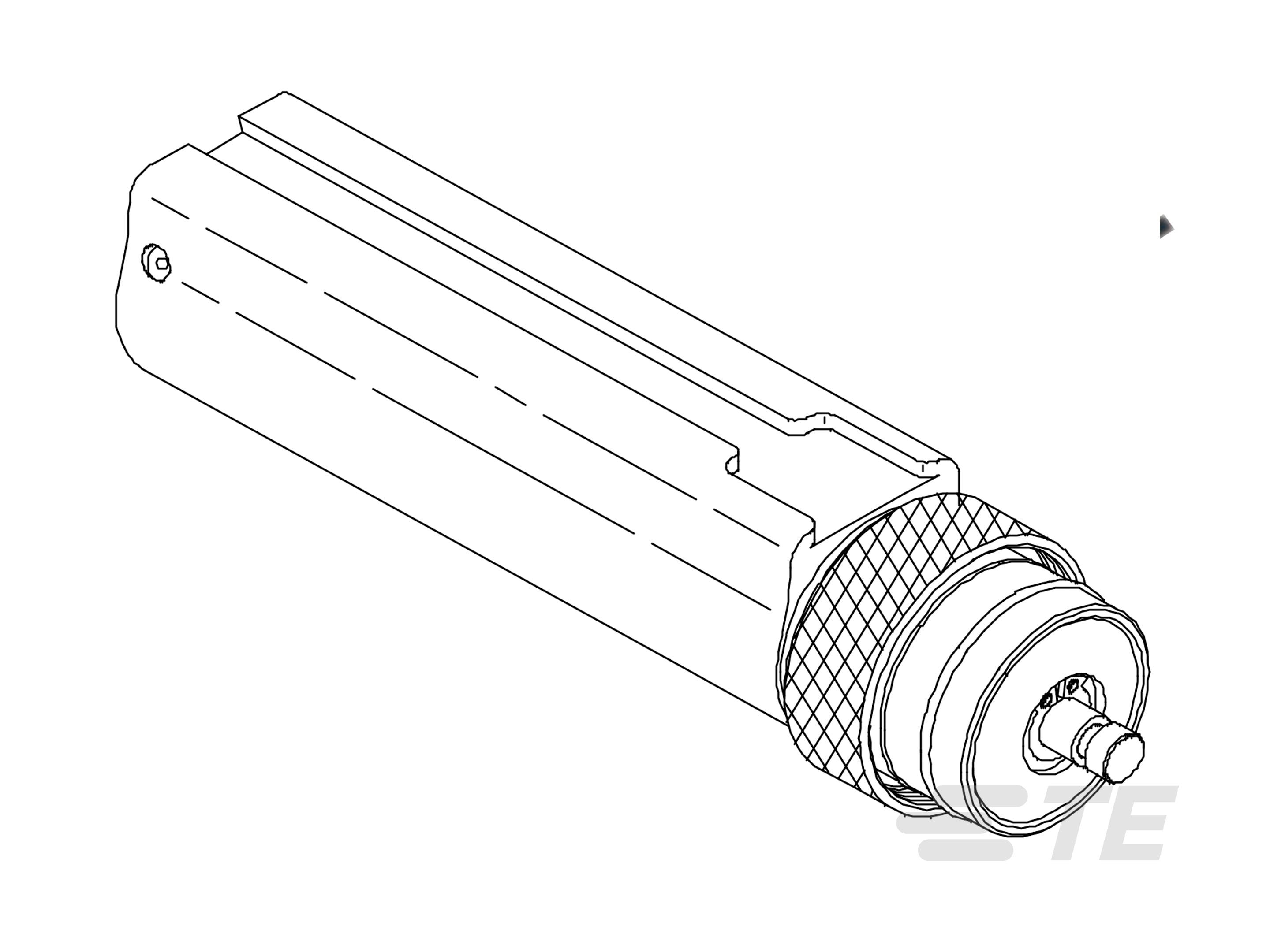 Ein technisches Diagramm zeigt einen koaxialen Stecker mit geriffeltem Griff, vermutlich für elektronische oder Kommunikationsanwendungen.
