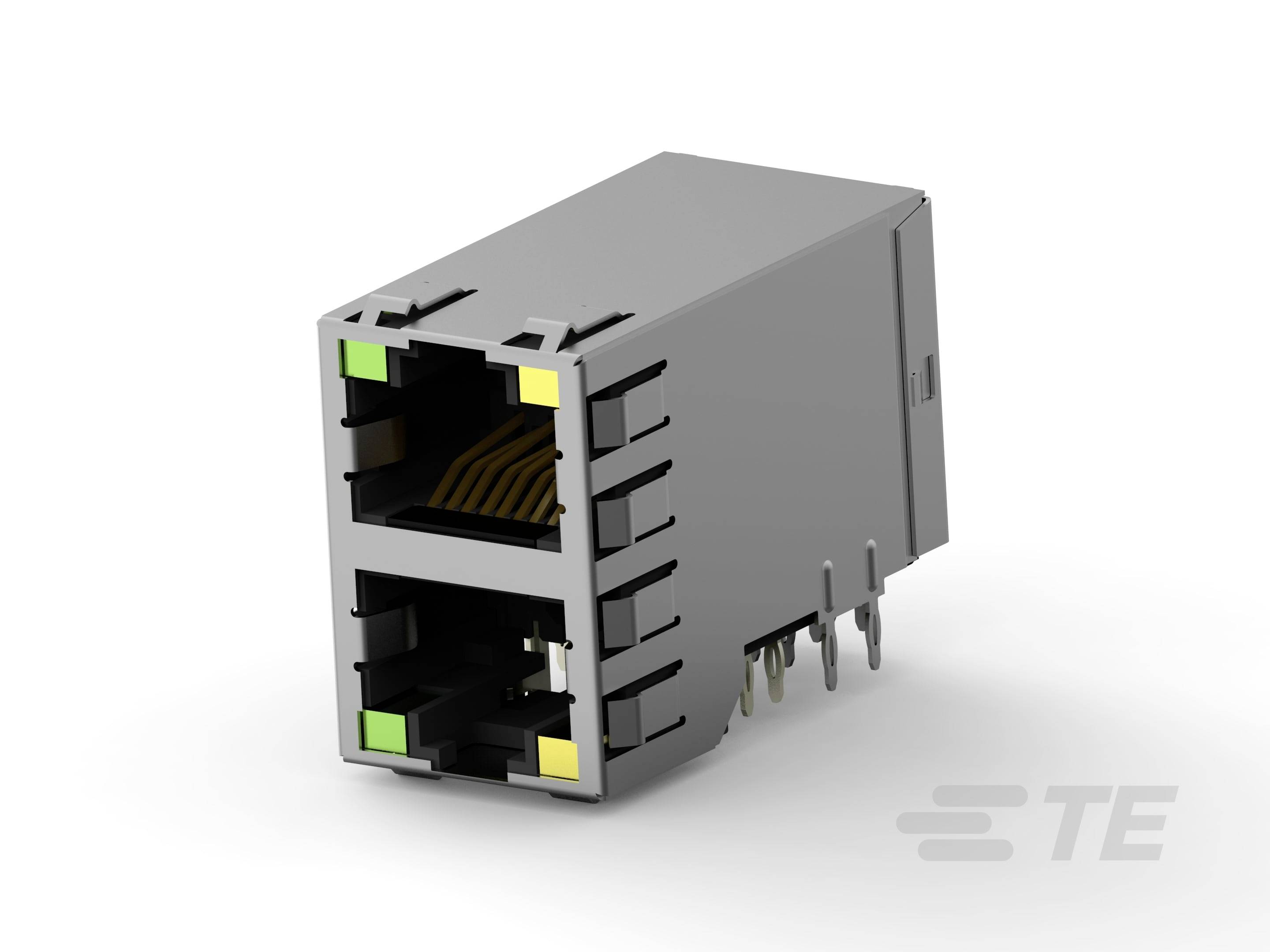 'Doppeltes RJ45-Buchsenmodul mit acht Pins, verwendet für Netzwerkverbindungen. Graues Gehäuse, TE-Branding sichtbar.'