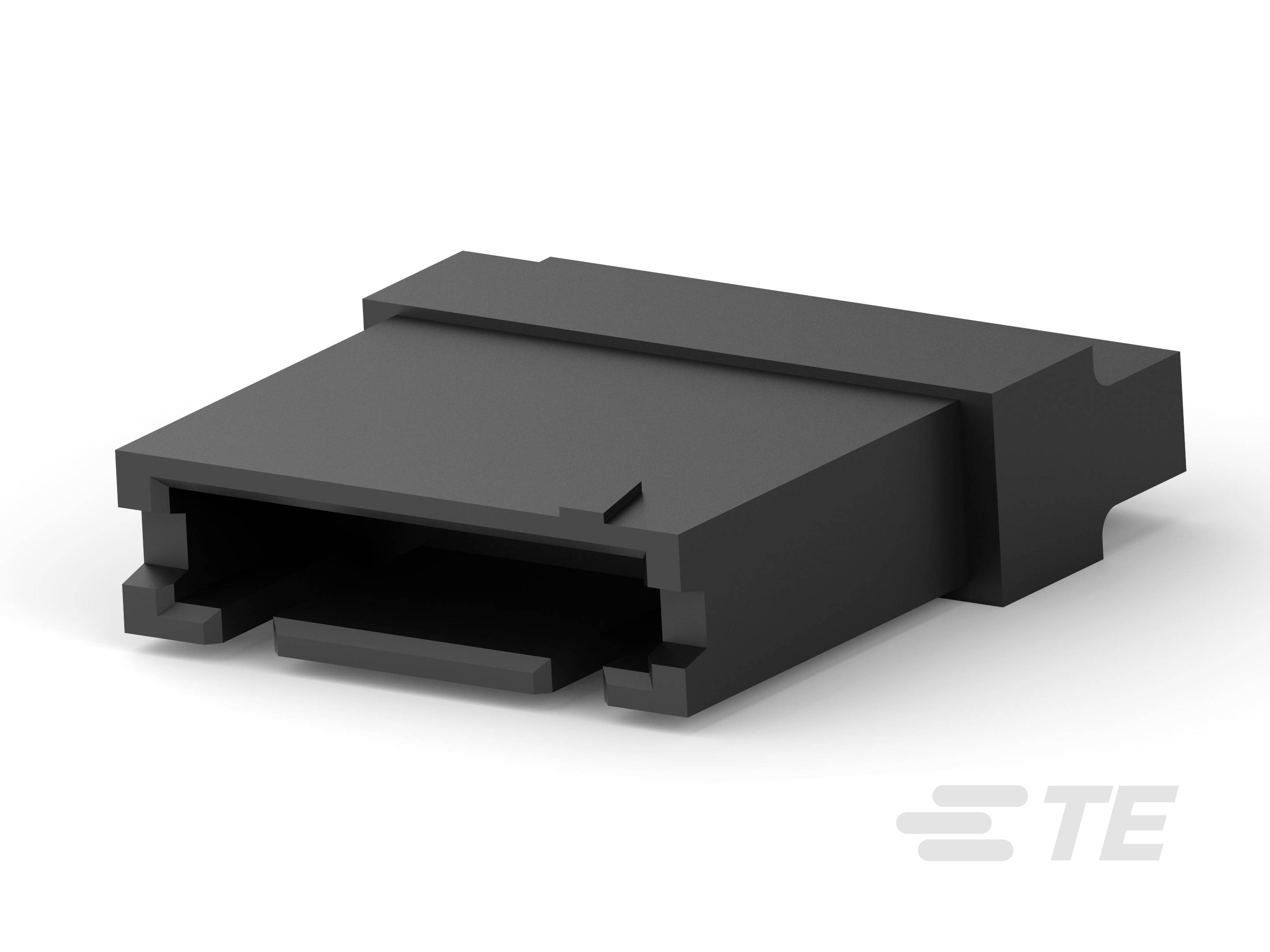 Ein schwarzer, rechteckiger Steckverbinder mit glatter Oberfläche, geeignet für elektronische Anwendungen, vor weißem Hintergrund.