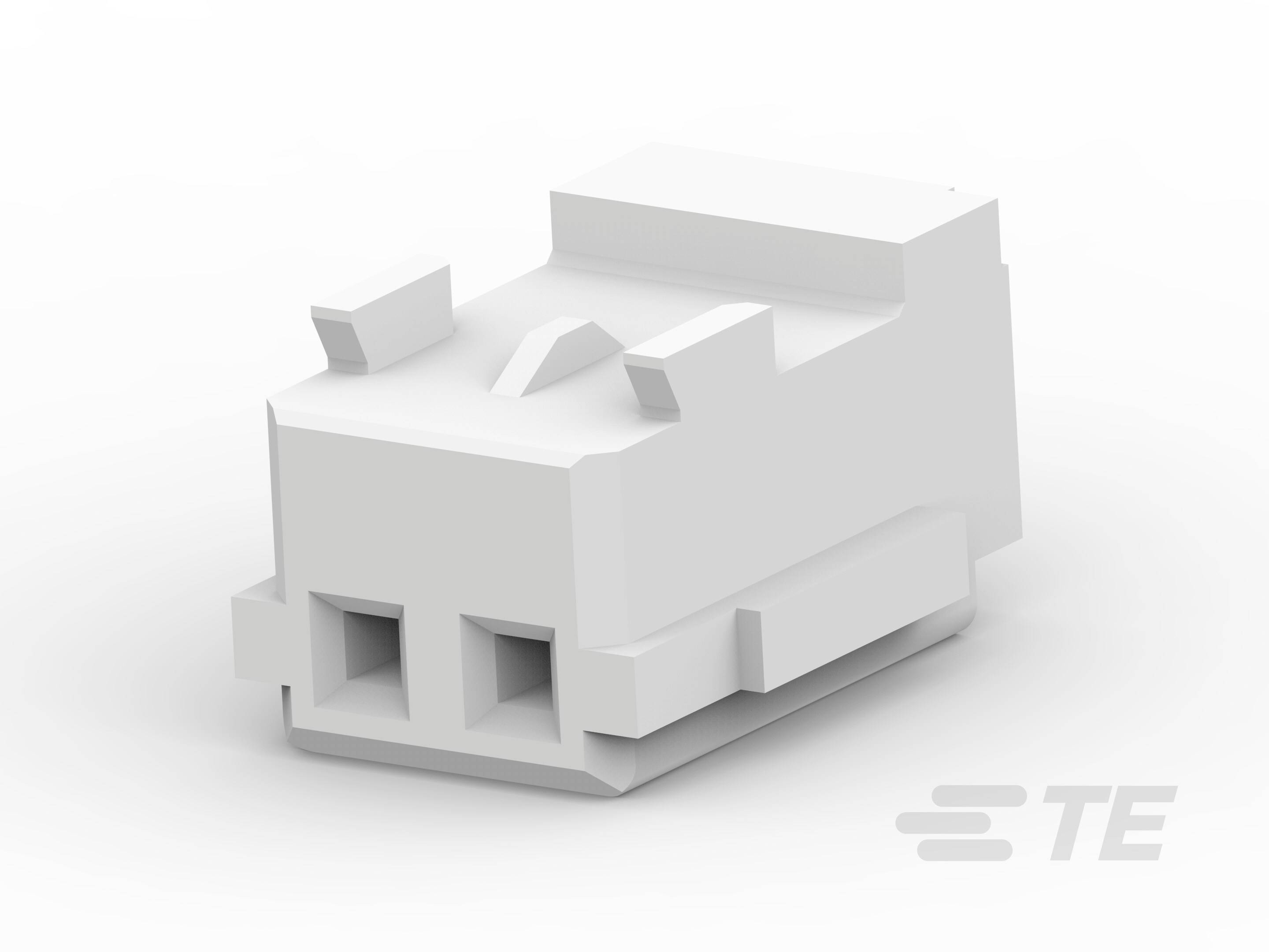 Ein weißer Kunststoffstecker mit zwei Anschlussöffnungen, markiert mit dem Logo 'TE' in der unteren rechten Ecke.