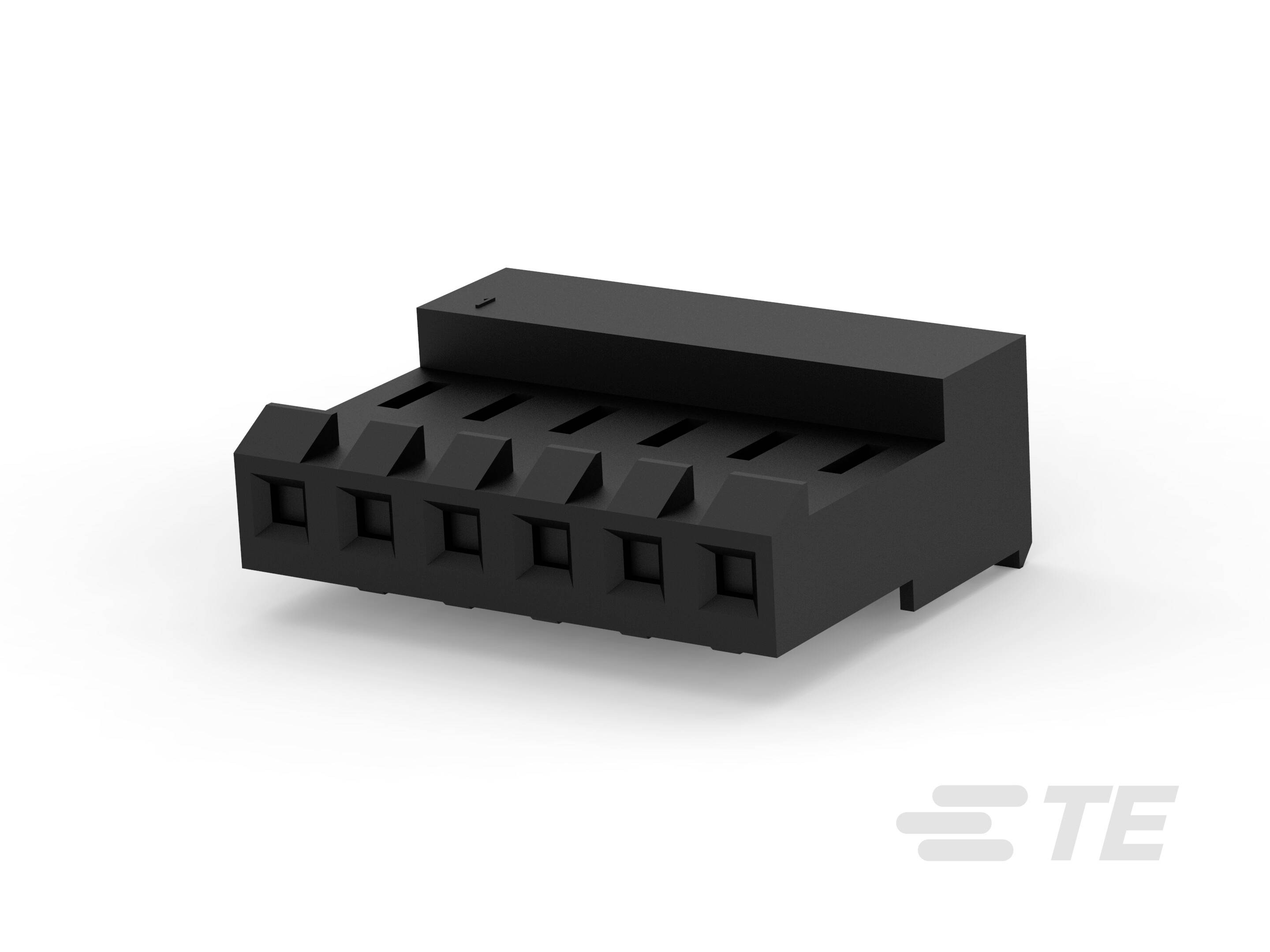 Ein schwarzer, sechspoliger Steckverbinder für elektronische Anwendungen. Liegt auf weißem Hintergrund.