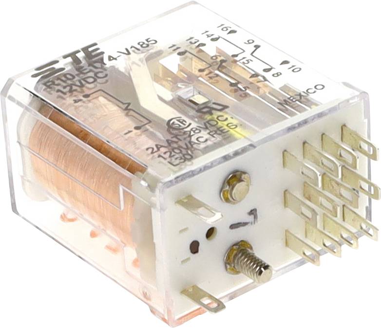 Ein transparenter elektrischer Relais mit Kupferspule, mehreren Metallzacken und beschrifteter Schaltkreisdiagramm auf der Oberseite, verwendet in elektronischen Schaltkreisen.