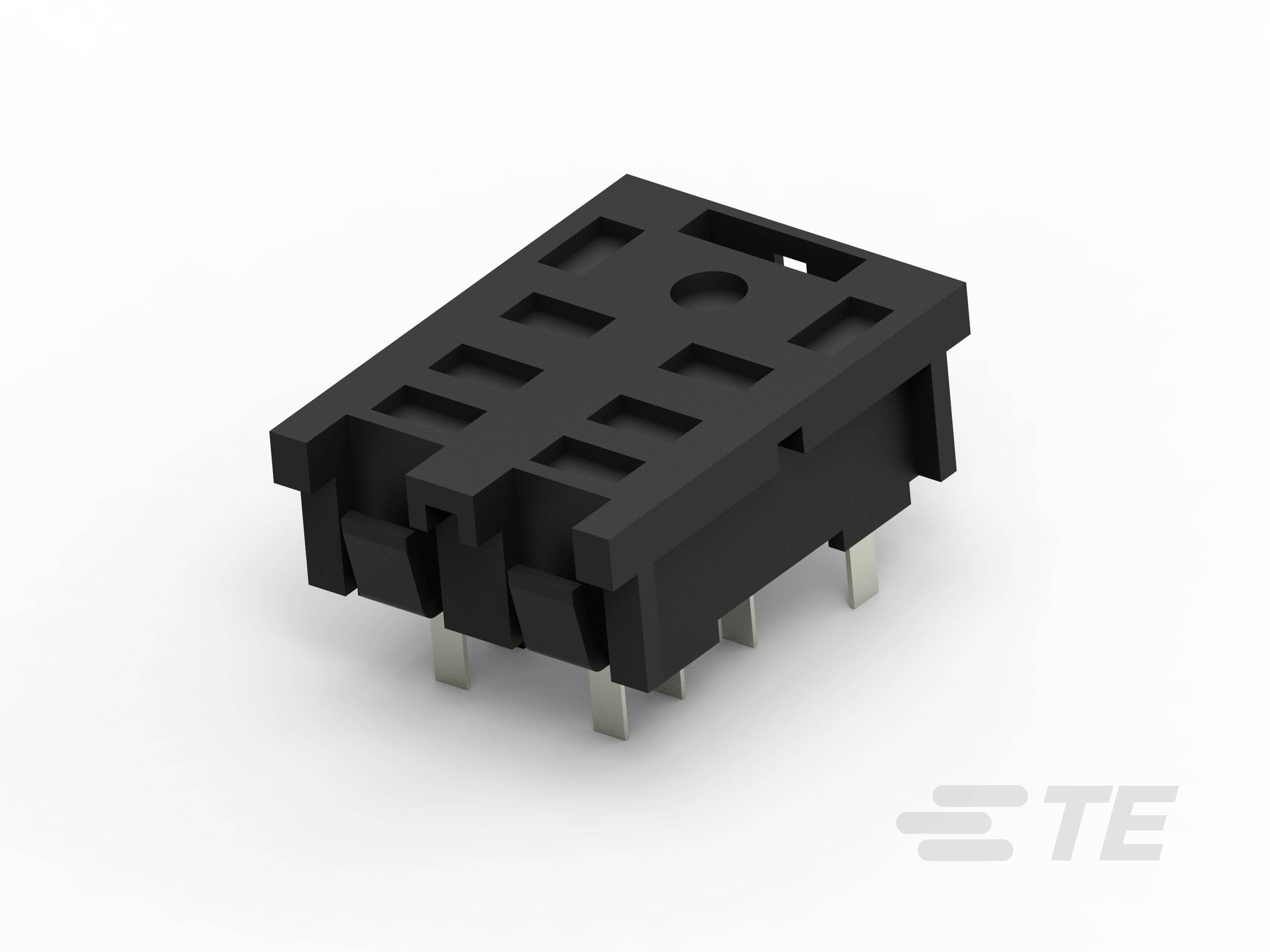 Schwarzer elektronischer Steckverbinder mit mehreren Metallkontakten, dargestellt in einer diagonalen Ansicht.