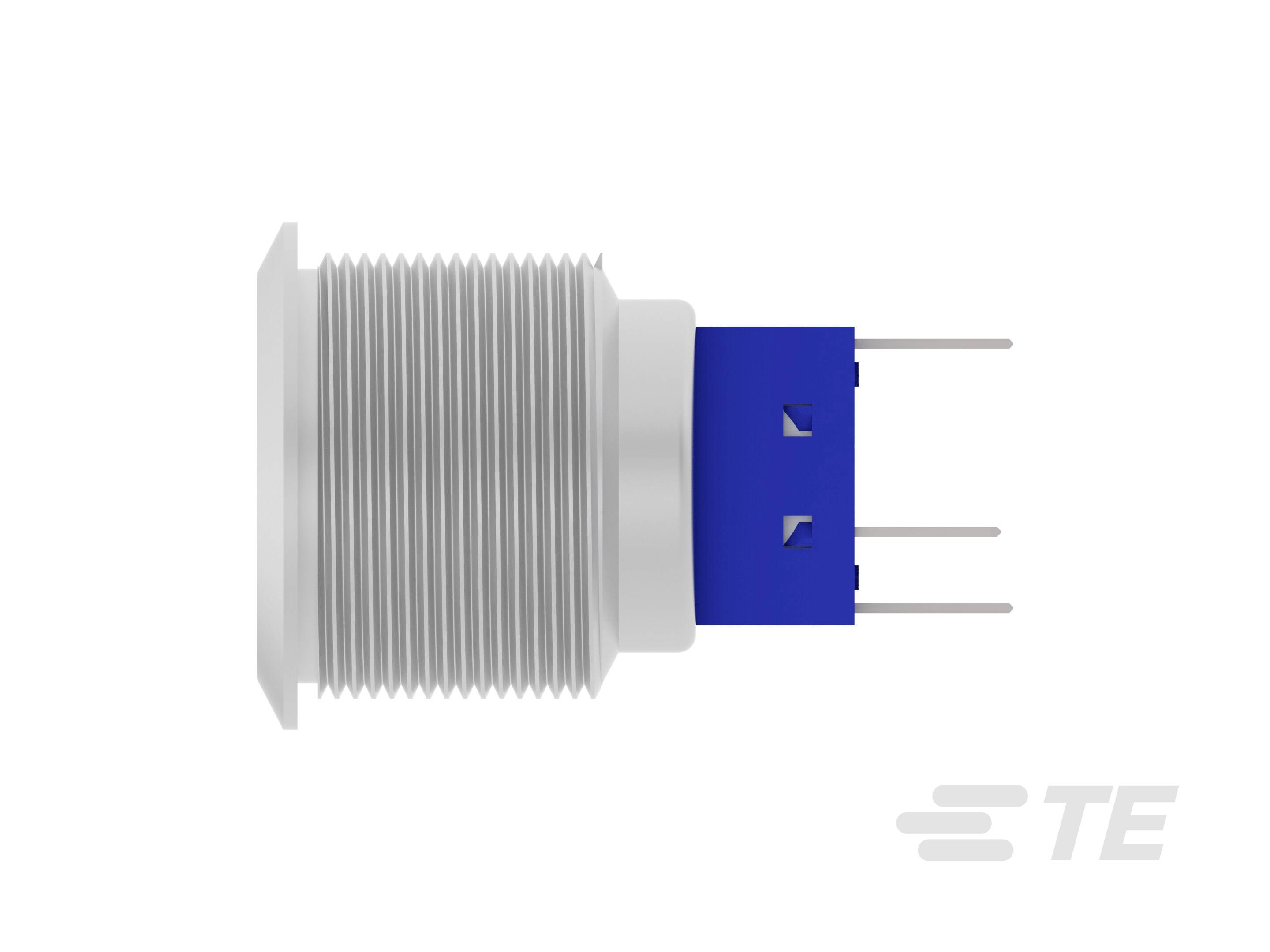 'Seitliche Ansicht eines blauen Elektronik-Steckverbinders mit Metallgewinde und mehreren Stiften, Firmenlogo unten rechts.'
