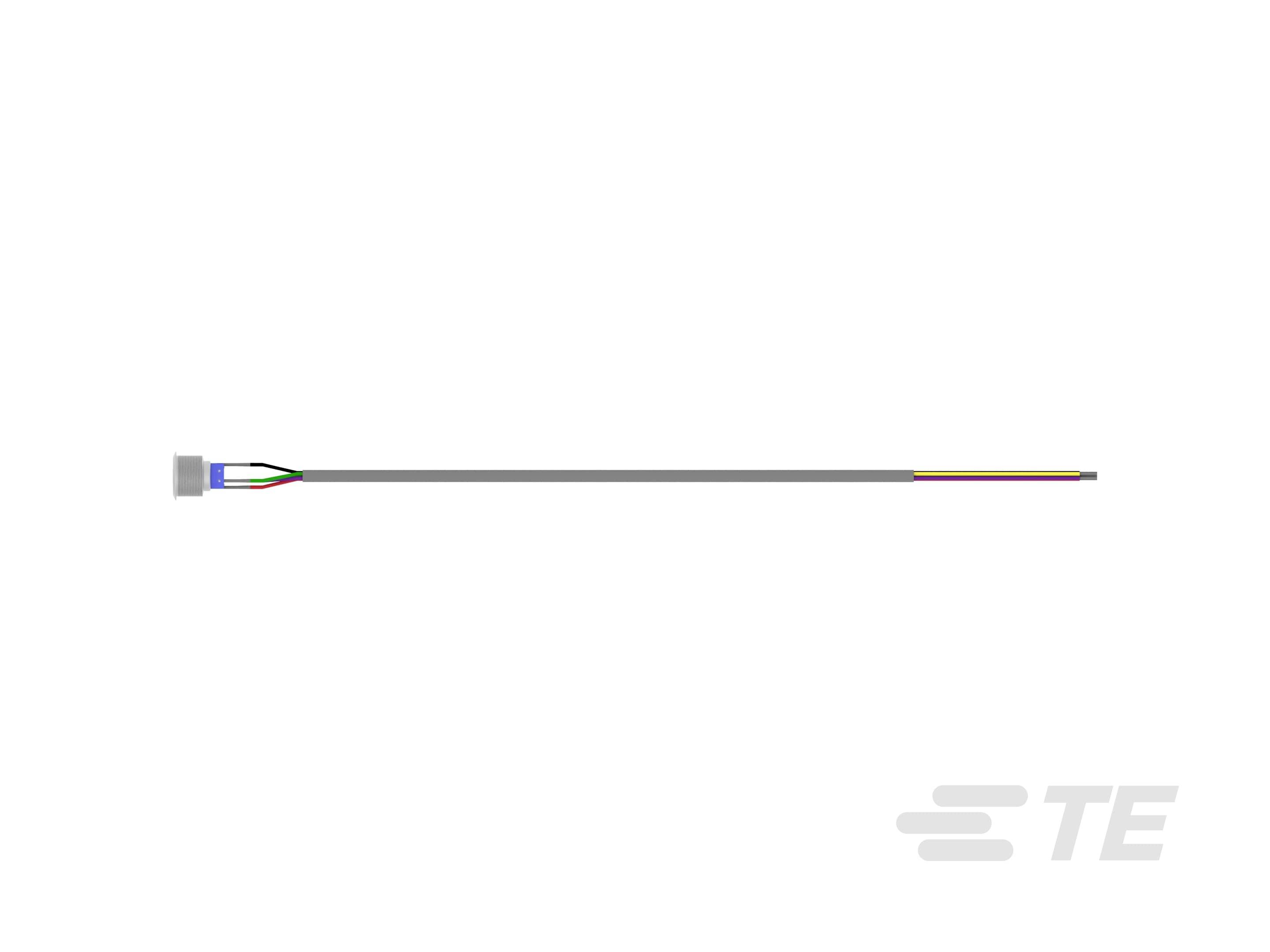 Ein langes, graues Kabel mit einem kleinen Steckverbinder am Ende. Es hat drei sichtbare Drähte, die in verschiedenen Farben enden.