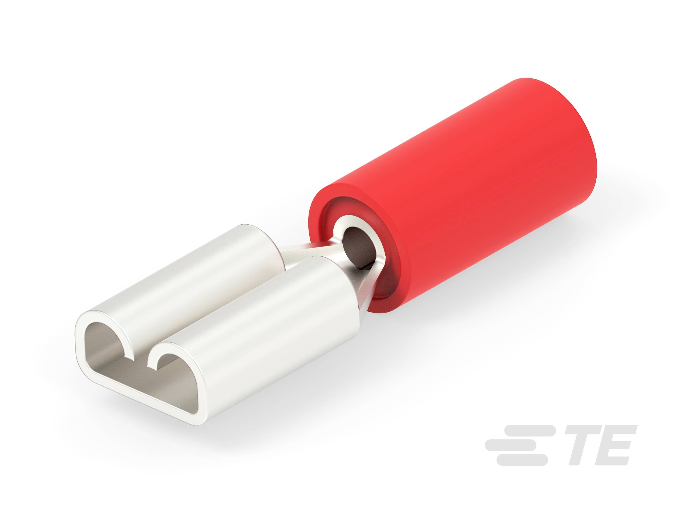 Roter Flachstecker mit zwei Metallkontakten. Markenlogo unten rechts.