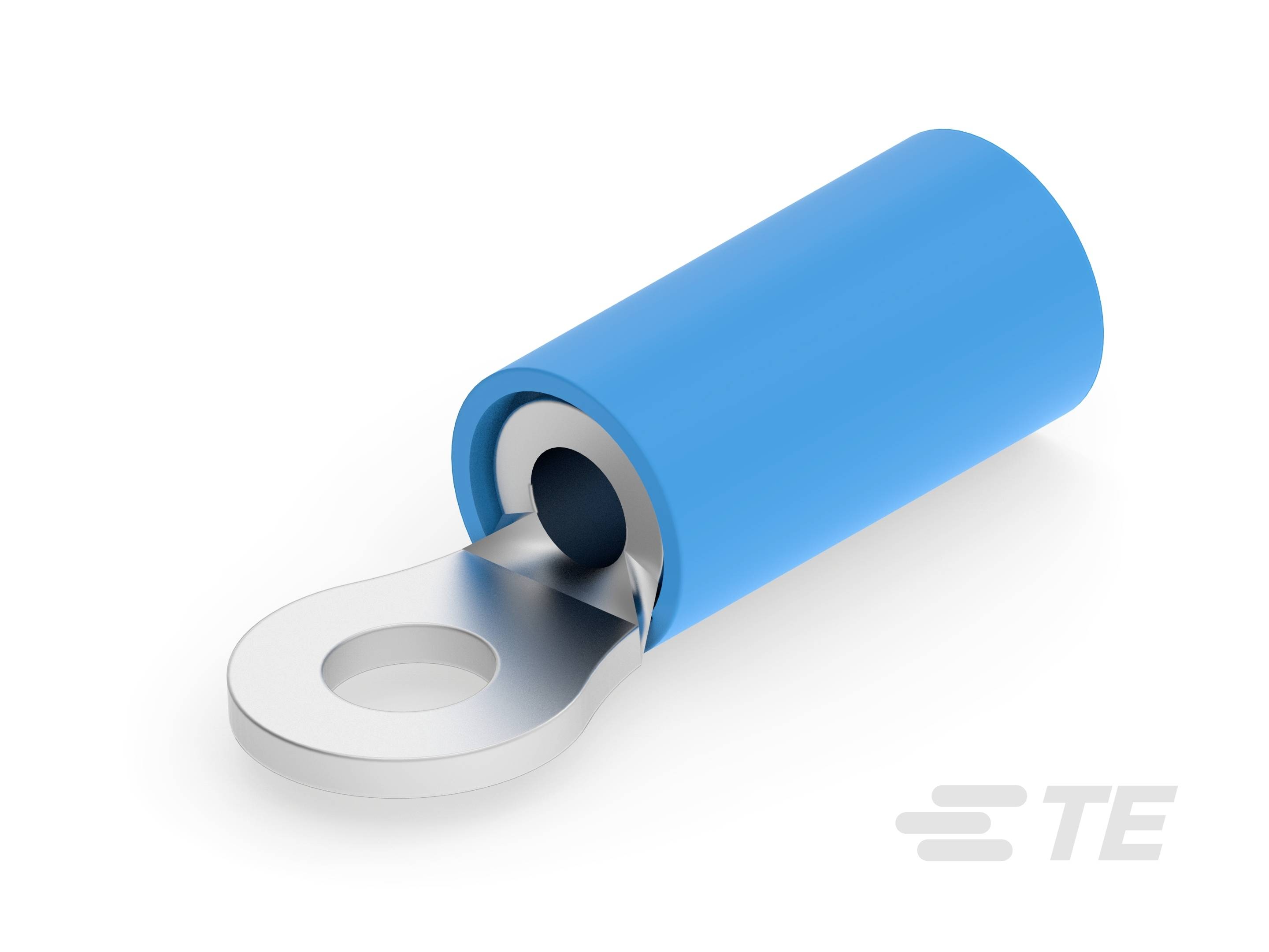 Ein blaues, zylindrisches Kabelendstück mit einem flachen, runden Anschlussende aus Metall, für elektrische Verbindungen.