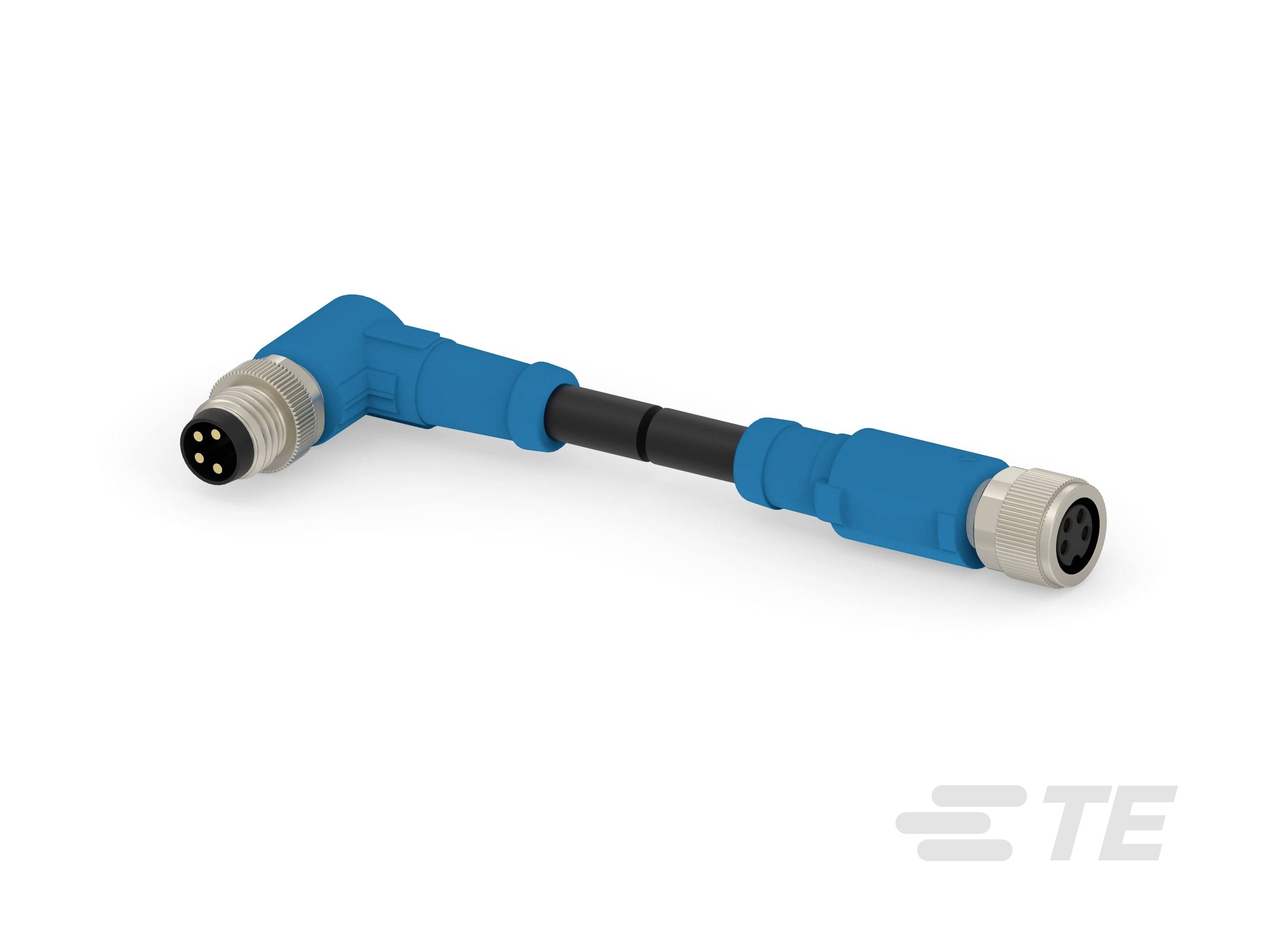 Blaues, abgewinkeltes M12-Kabel mit männlichem und weiblichem Stecker, geeignet für industrielle Verbindungen.