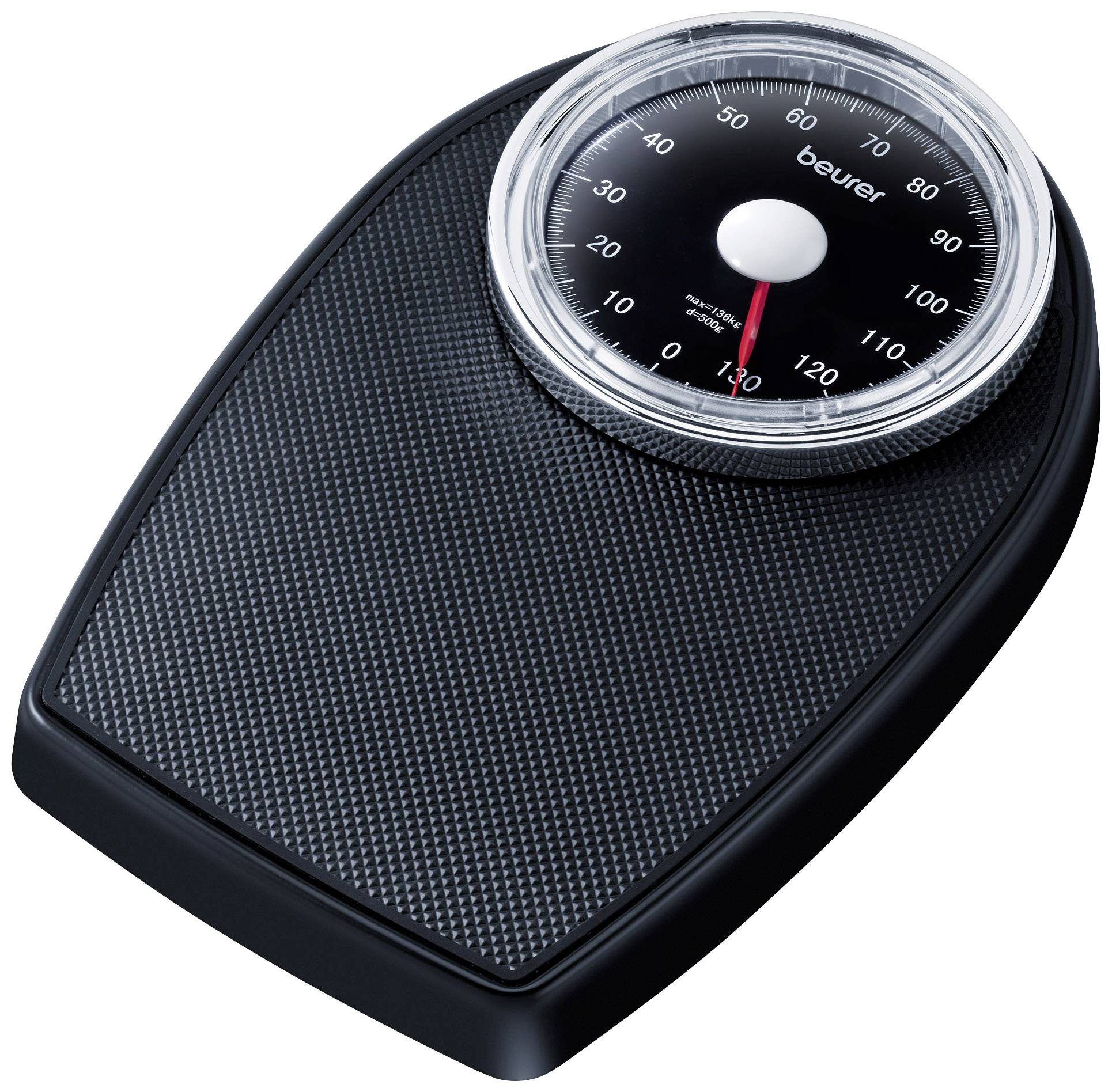 Eine klassische schwarze Analogwaage mit großer Ziffernblattanzeige von 0 bis 120 kg. Die Nadel zeigt auf 50 kg.