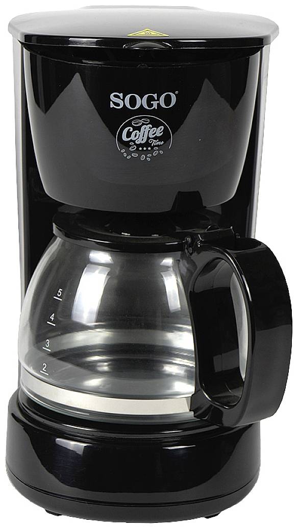 Schwarze Kaffeemaschine mit Glaskanne, Fassungsvermögen von 5 Tassen, Marke 'Sogo' auf der Vorderseite.