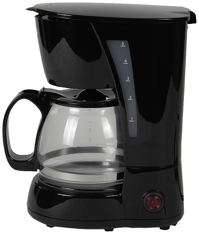 Schwarze Kaffeemaschine mit Glaskanne, Wasserstandsanzeige an der Seite und rotem Ein/Aus-Schalter unten.