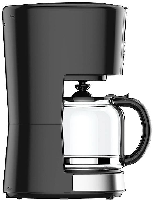 Eine schwarze Kaffeemaschine mit Glaskanne ist seitlich zu sehen.