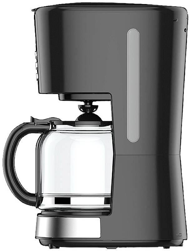 Eine schwarze Filterkaffeemaschine mit Glaskanne, bereit zum Brühen.