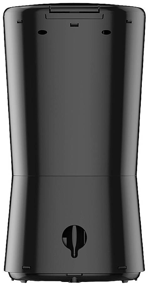 Schwarzer automatischer Händedesinfektionsmittelspender, zylindrische Form, mit Sensor oben und Flüssigkeitsanzeige an der Vorderseite.