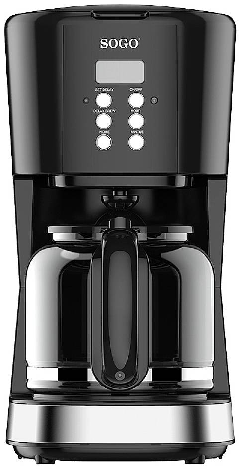 Schwarze Kaffeemaschine mit Glaskanne, mehreren Tasten und einem Display auf der Vorderseite zur Bedienung.