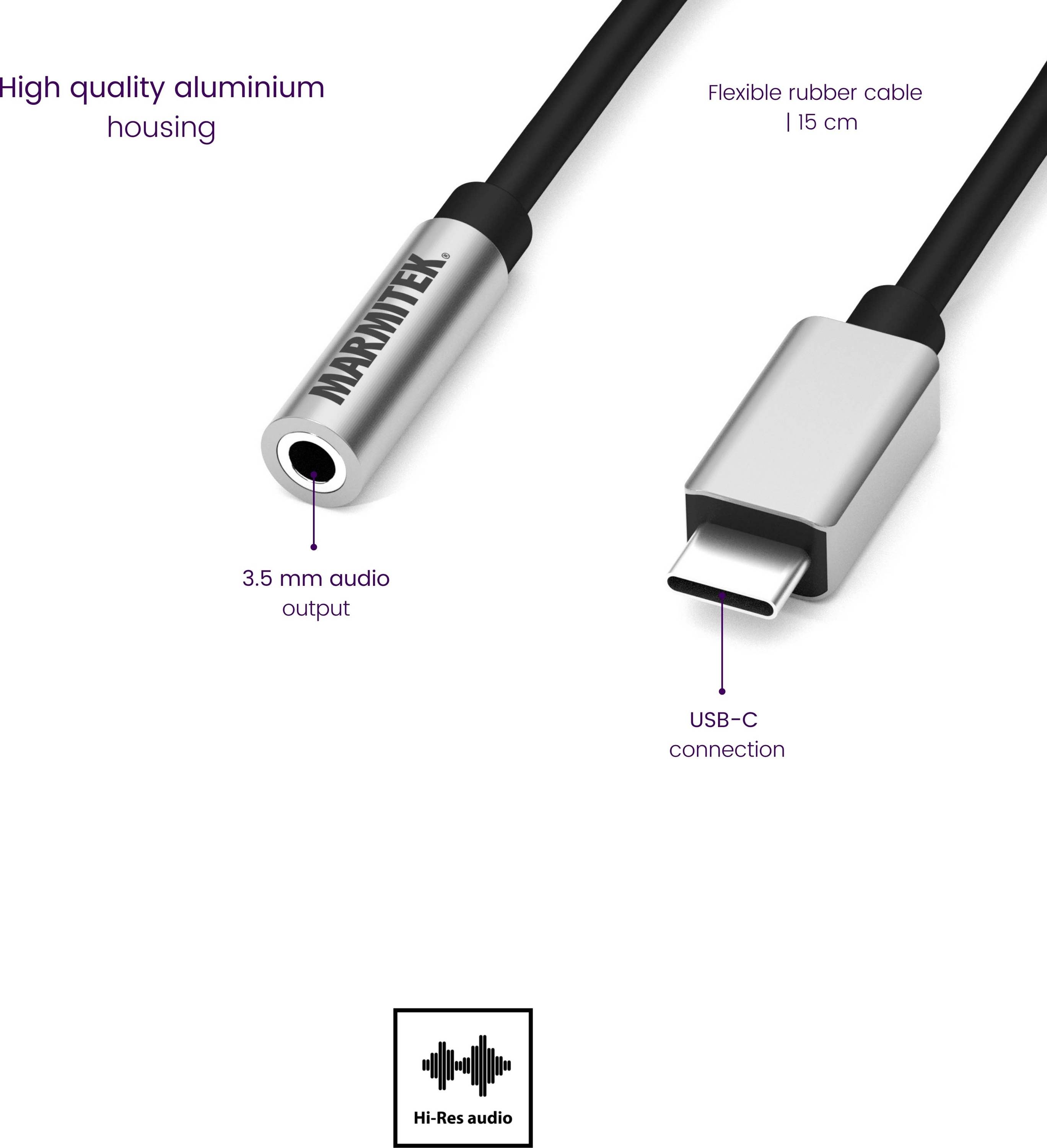 'Abbildung eines Audio-Adapters: Aluminiumgehäuse mit 3,5 mm Audioausgang, flexiblem 15 cm Kabel, USB-C-Anschluss. Hi-Res Audio-Symbol.'