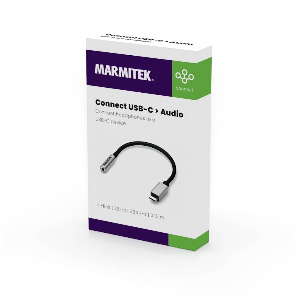 Eine Verpackung zeigt einen Adapter 'MARMITEK Connect USB-C zu Audio', um Kopfhörer an USB-C-Geräte anzuschließen.