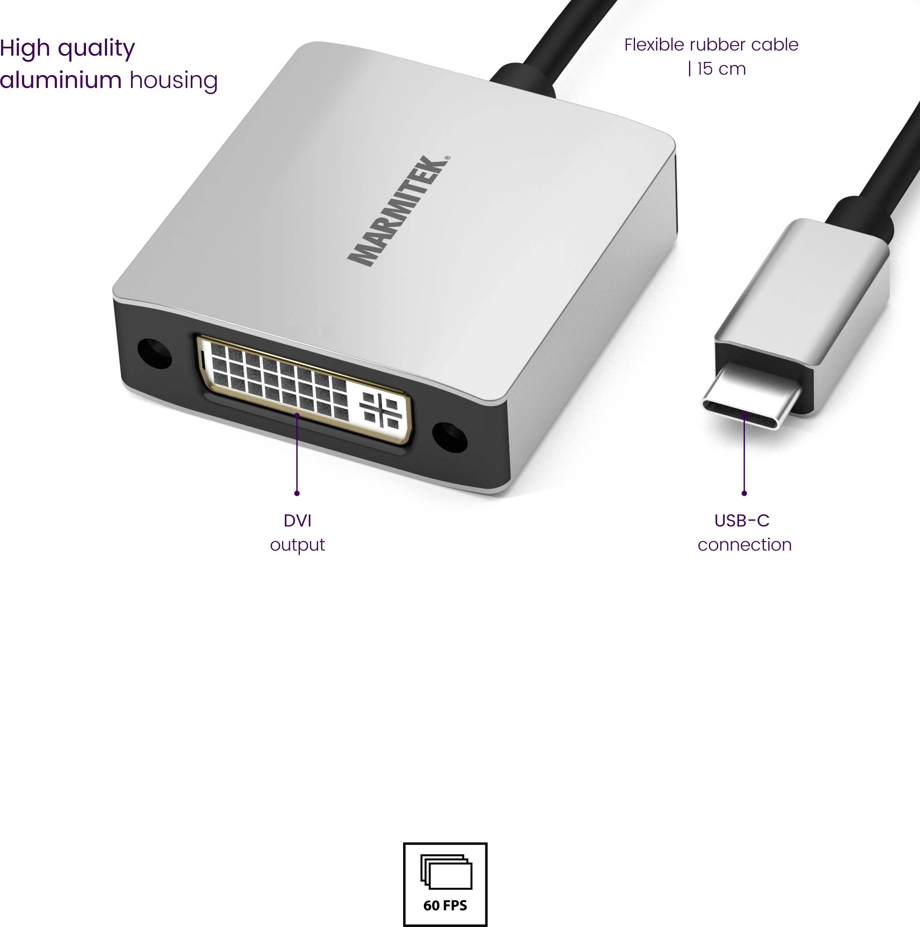 'DVI auf USB-C Adapter mit hochwertigem Aluminiumgehäuse. DVI-Ausgang, flexibles 15 cm Gummikabel, USB-C Anschluss.'