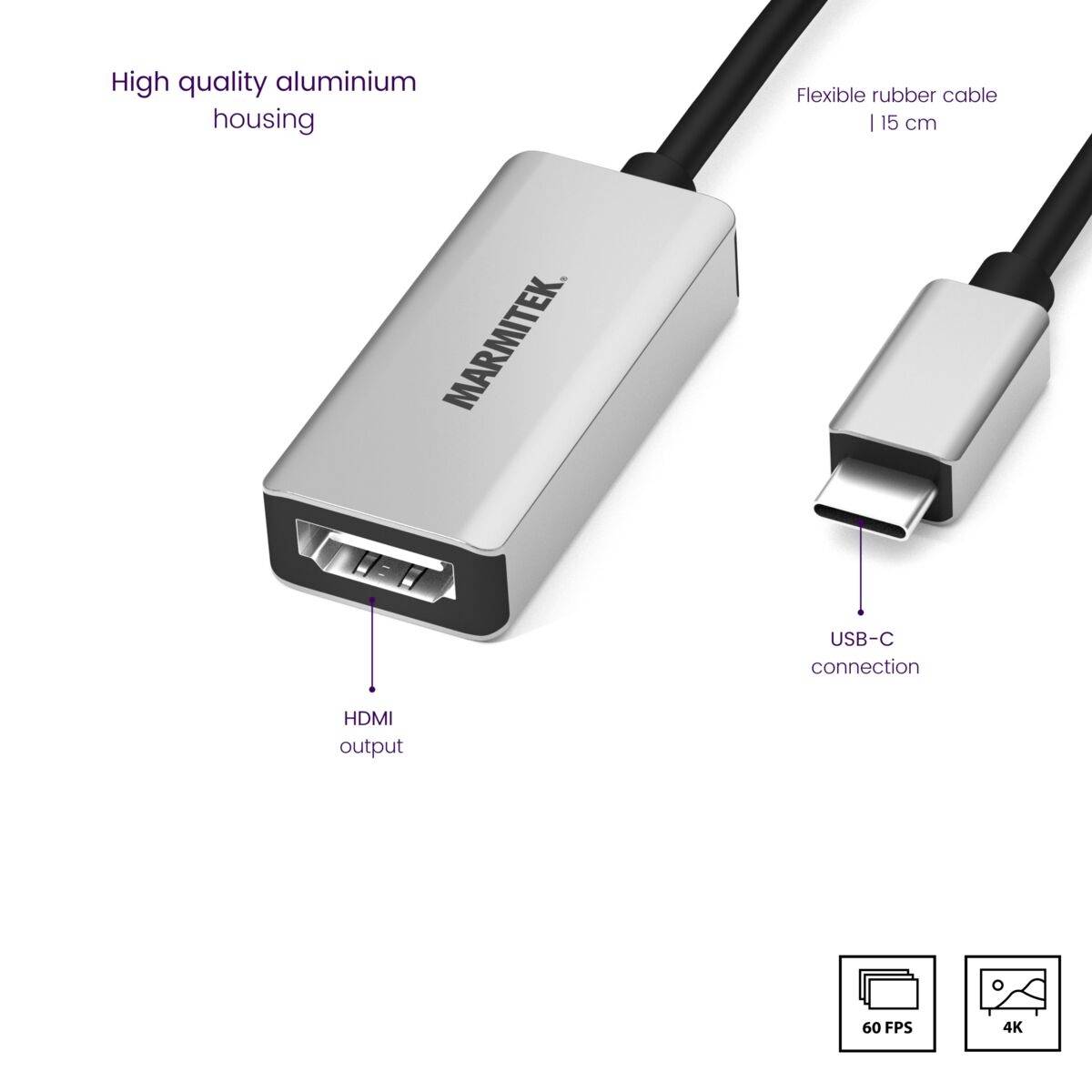 'MARXENT' HDMI-Adapter mit USB-C-Verbindung, 15 cm Kabel, Aluminiumgehäuse, unterstützt 60 FPS und 4K.
