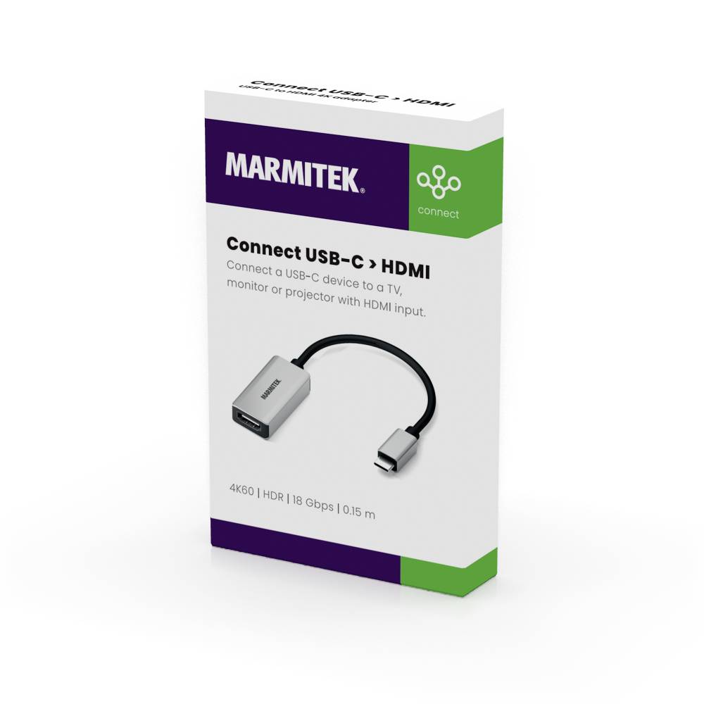 Eine Verpackung für einen USB-C-zu-HDMI-Adapter, Marmitek Marke, 4K60, HDR, 1.8 Gbps, 0.15 m Kabel.