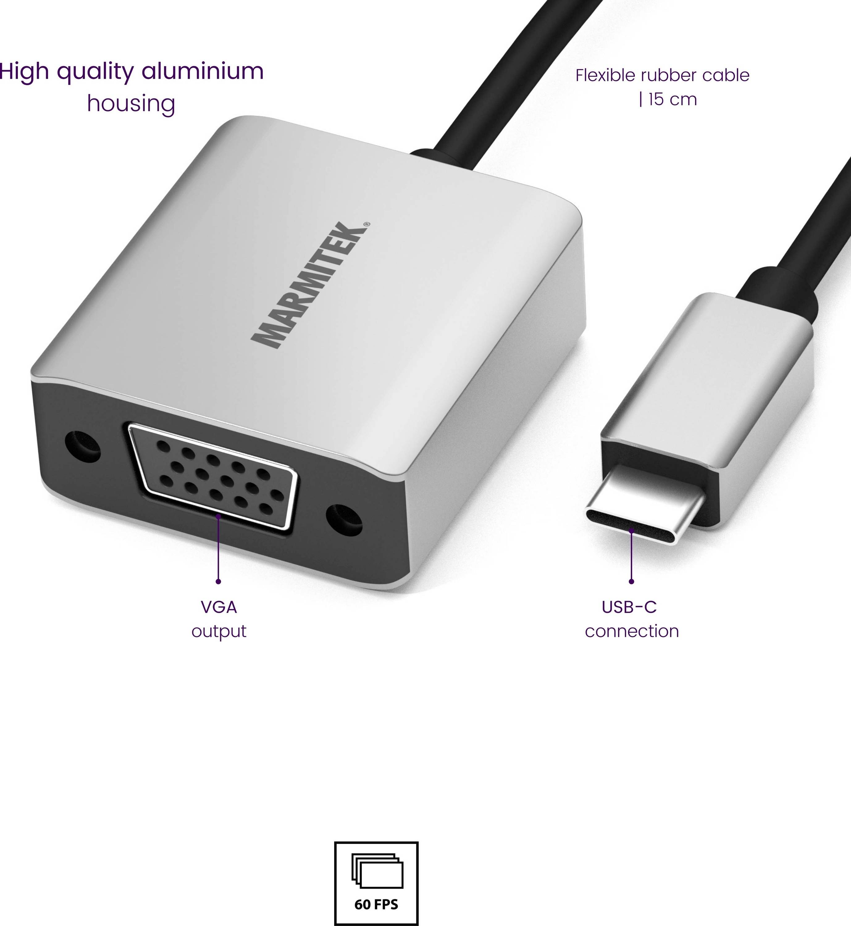'Adapter mit VGA-Ausgang und USB-C-Anschluss. Aluminiumgehäuse, 15 cm flexibles Gummikabel. Unterstützt 60 FPS.'