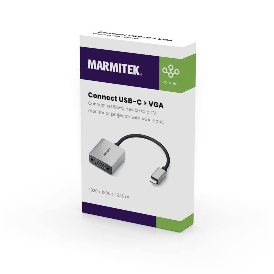Eine Marmitek-Verpackung zeigt einen 'Connect USB-C zu VGA'-Adapter für die Verbindung von USB-C-Geräten mit VGA-Bildschirmen.