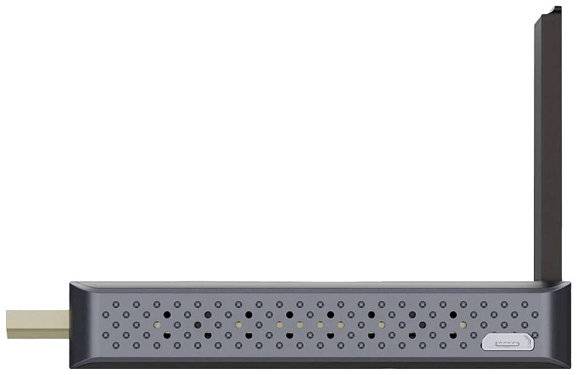 Ein schwarzes, längliches Gerät mit einem perforierten Muster, das als Tür- oder Fenstersicherung dient. Es hat zwei ausklappbare Arme.