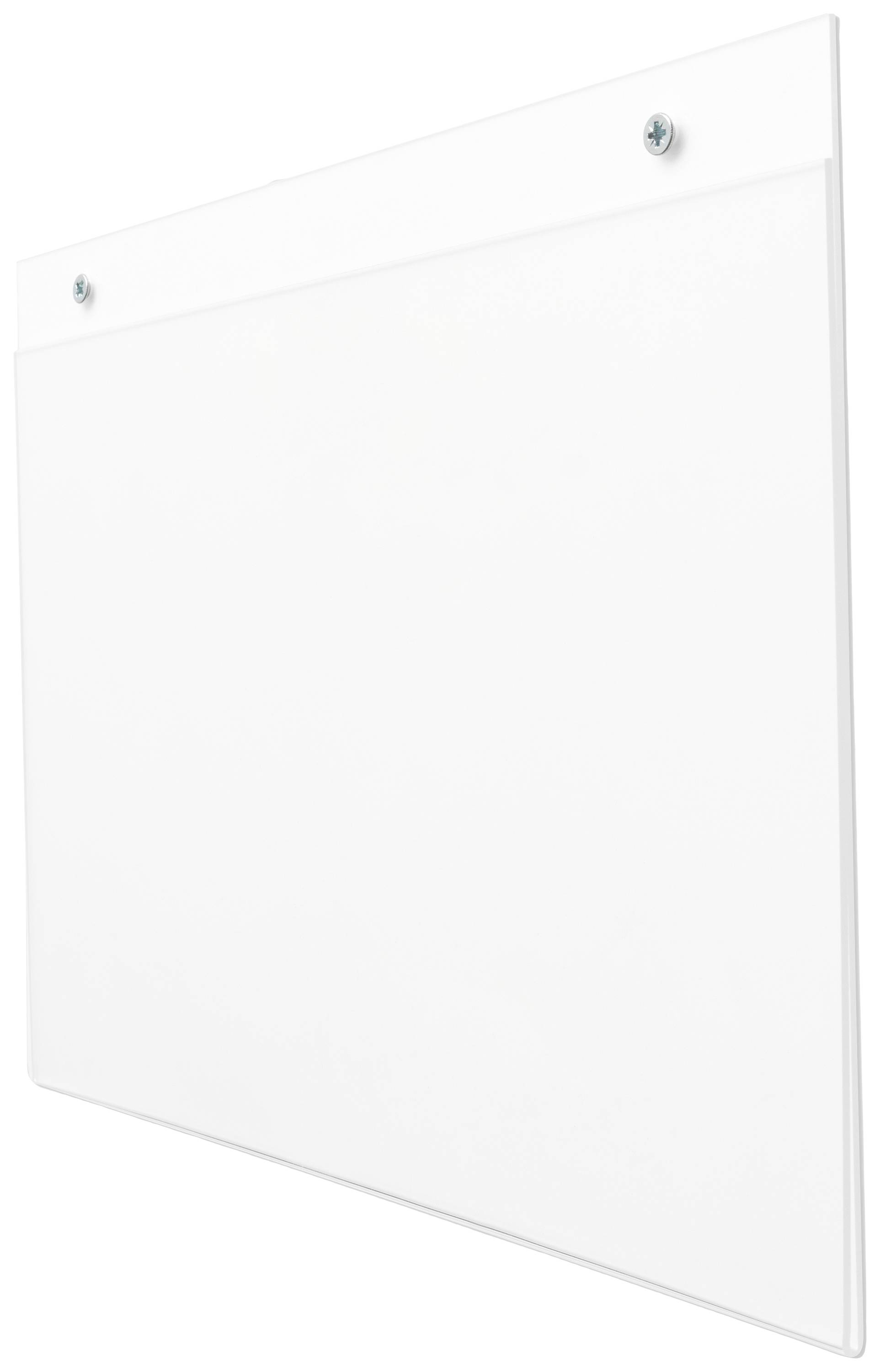 Eine leere, weiße Wandtafel mit zwei sichtbaren Schrauben an den oberen Ecken.