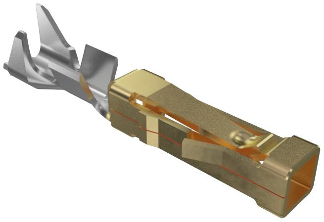 Ein metallischer Steckverbinder mit goldener und silberner Färbung, geeignet für elektrische Verbindungen in elektronischen Geräten.