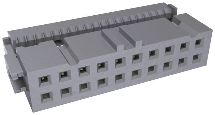 Ein grauer rechteckiger elektrischer Stecker mit mehreren quadratischen Steckplätzen, möglicherweise für elektronische Verbindungen.