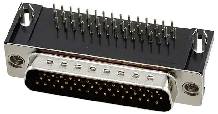 Ein Stecker vom Typ D-Sub mit mehreren vorstehenden Kontaktstiften, der zur Herstellung elektronischer Verbindungen in verschiedenen Geräten verwendet wird.