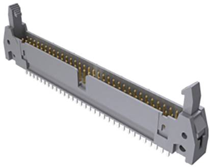 Ein grauer elektronischer Steckverbinder mit mehreren Goldpins, der für die sichere Befestigung von Komponenten auf einer Leiterplatte konzipiert ist.