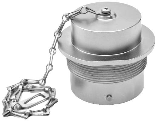 Metallische Verschlusskappe mit Kette. Häufig verwendet für Abdeckungen von Tanks oder Rohren, um Staub und Schmutz fernzuhalten.