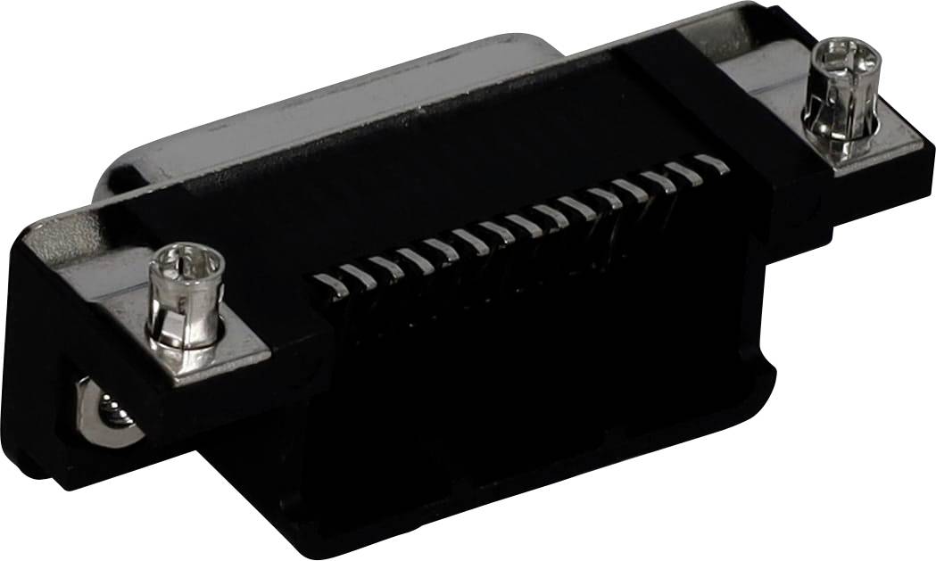 Ein schwarzer elektronischer Anschluss mit zwei Schrauben auf beiden Seiten, der zum Befestigen von Kabeln an einem Gerät verwendet wird, vor einem weißen Hintergrund.
