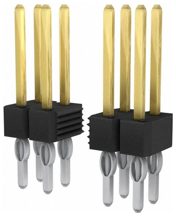 „Zwei schwarze und goldene männliche Steckverbinder mit je drei Stiften, entwickelt für elektronische Schaltungsanwendungen."
