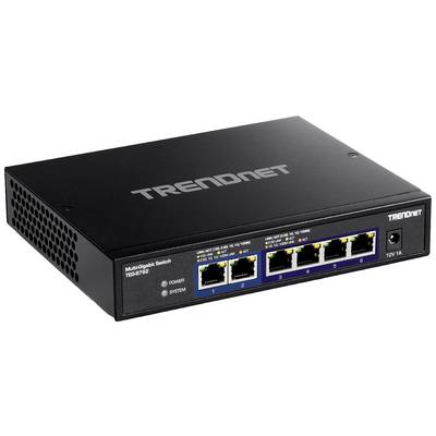 Ein schwarzer Netzwerk-Switch von TRENDnet mit fünf Ethernet-Anschlüssen, Modell TEG-S762, auf einer weißen Hintergrundfläche.