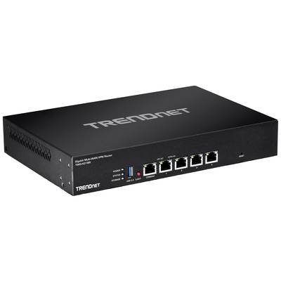 Ein schwarzer Netzwerk-Router der Marke Trendnet mit mehreren Ethernet-Ports an der Vorderseite, geeignet für VPN- und Gigabit-Verbindungen.