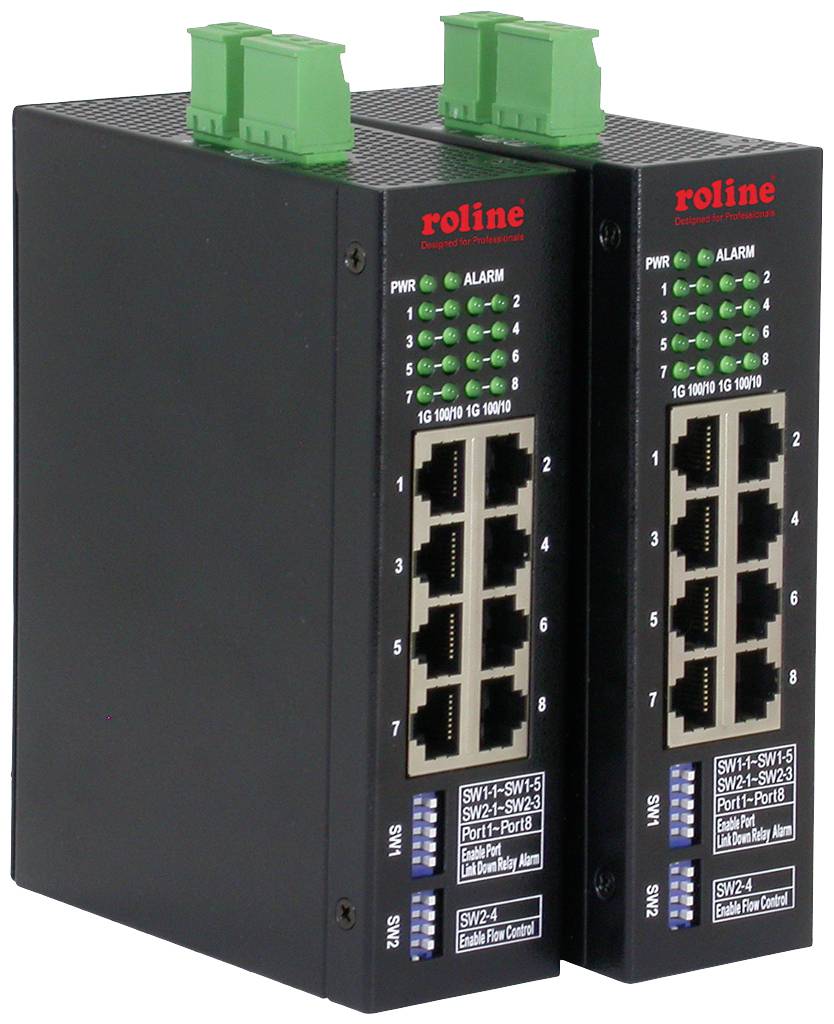 'Zwei schwarze industrielle Ethernet-Switches mit grünen Stromanzeigen und mehreren Netzwerkanschlüssen.'