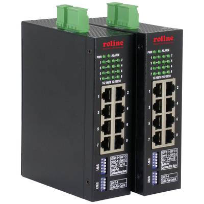 'Zwei schwarze industrielle Ethernet-Switches mit grünen Stromanzeigen und mehreren Netzwerkanschlüssen.'