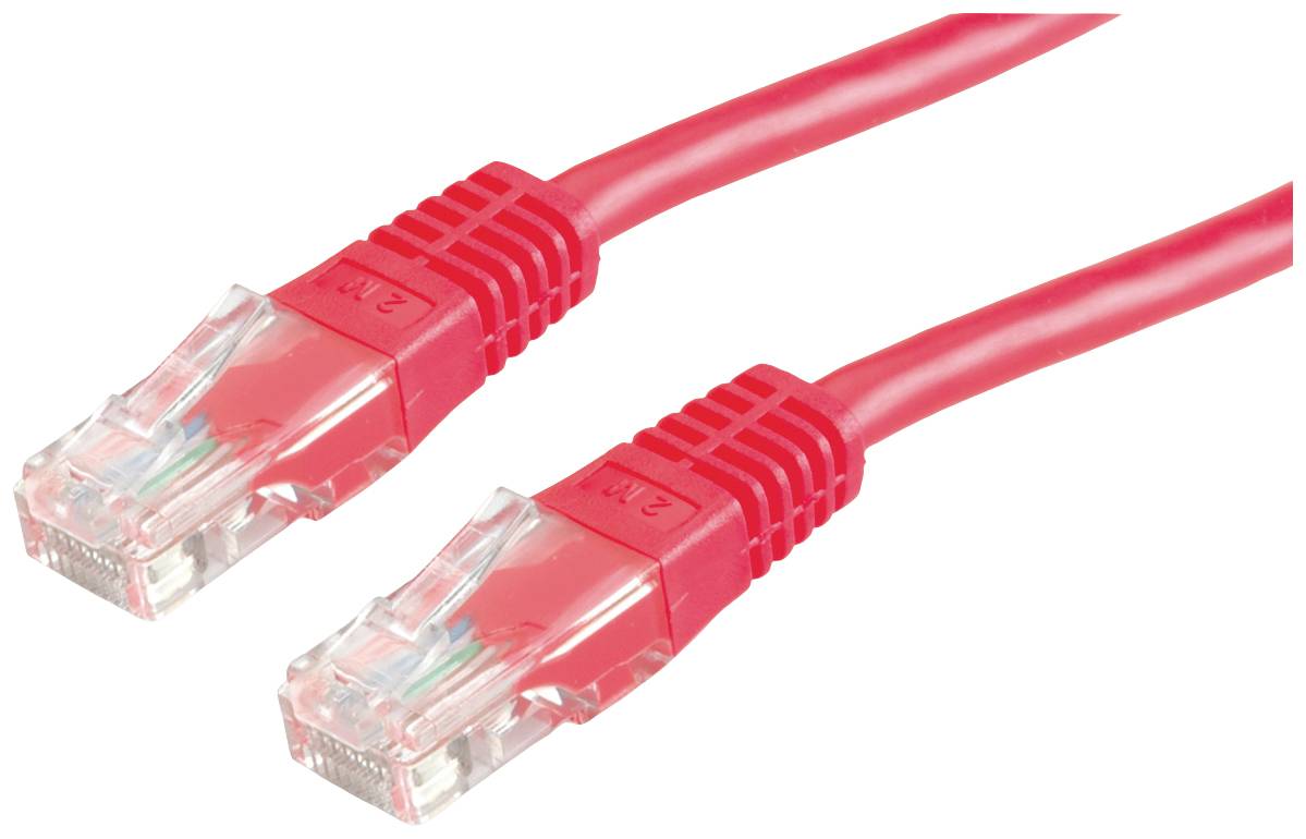 Zwei rote Ethernet-Kabel mit transparenten Steckern nebeneinander, beide zeigen in dieselbe Richtung.