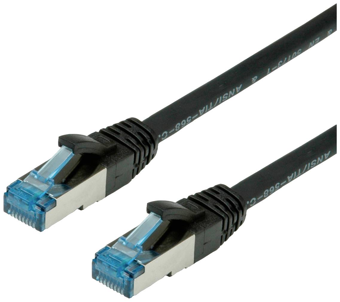 Zwei schwarze Ethernet-Kabel mit blauen Steckern, verwendet zur Netzwerkverbindung.