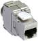 Ein silberner Cat6A-Keystone-Modul für Netzwerkkabel, zeigt die Ethernet-Anschlussöffnung und ein weißes Entriegelungselement oben.
