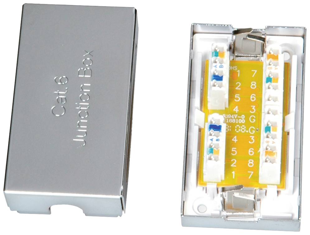 Metallene Anschlussdose für Cat6-Netzwerkkabel, geöffnet, zeigt die farblich markierte interne Verdrahtung für Kabelverbindungen.
