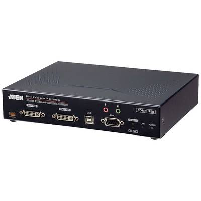 Ein DVI-KVM-Extender der Marke Aten mit verschiedenen Anschlüssen: DVI, USB, Audio, LAN und Strom. Entwickelt für Computerverbindungen über IP.