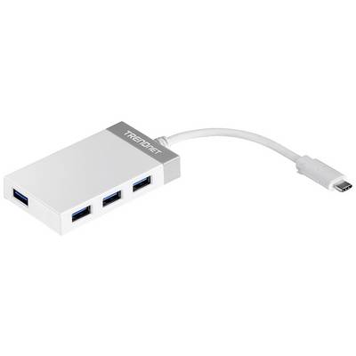 USB-C-Adapter mit vier USB 3.0-Anschlüssen der Marke TRENDnet, geeignet zum Anschluss mehrerer Geräte an einen Computer.