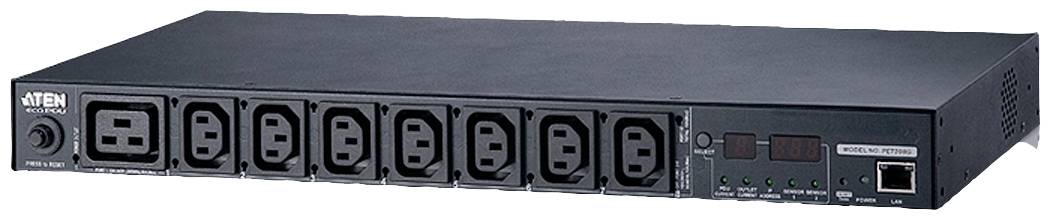 Ein schwarzes Rackmount-Netzwerkgerät mit mehreren Stromanschlüssen. Links ist das Logo der Marke sichtbar, rechts sind Bedienelemente.