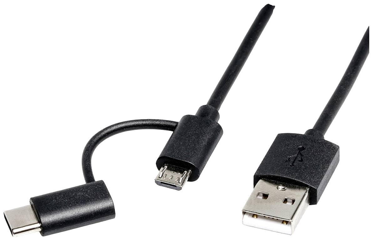 ROLINE USB 2.0 Sync- & Ladekabel Typ A - Typ C / Micro B, schwarz, 1 m